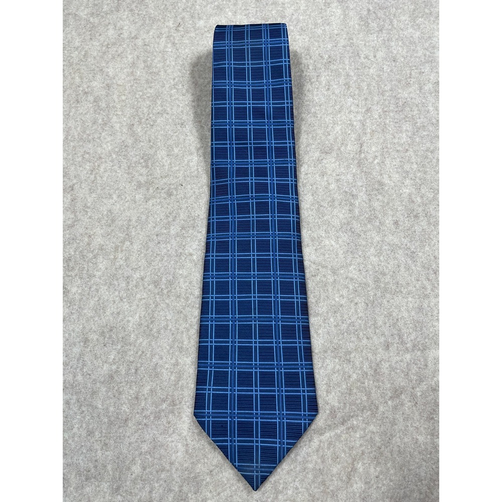 Harrods Knightbridge Textured Blue Plaid Geometric Necktie Neck Tie Silk UK